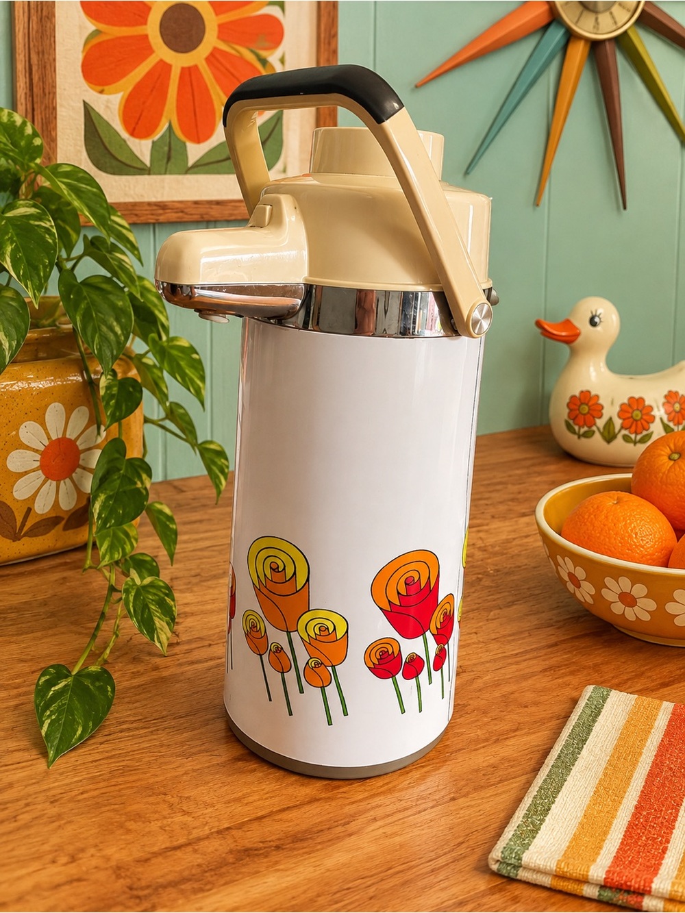 Vtg Thermos Vacuum Air Pot Touch Top Pump Glass Lined Coffee Carafe Kitschy 70’s